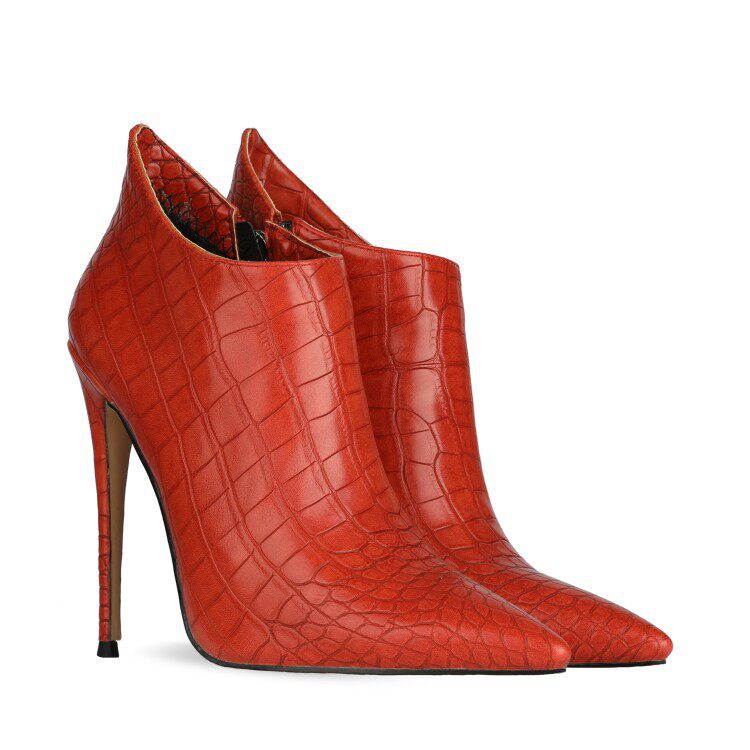 欧美外贸尖头石头纹细高跟短靴斜口47大码时尚跨境走秀时装及踝靴