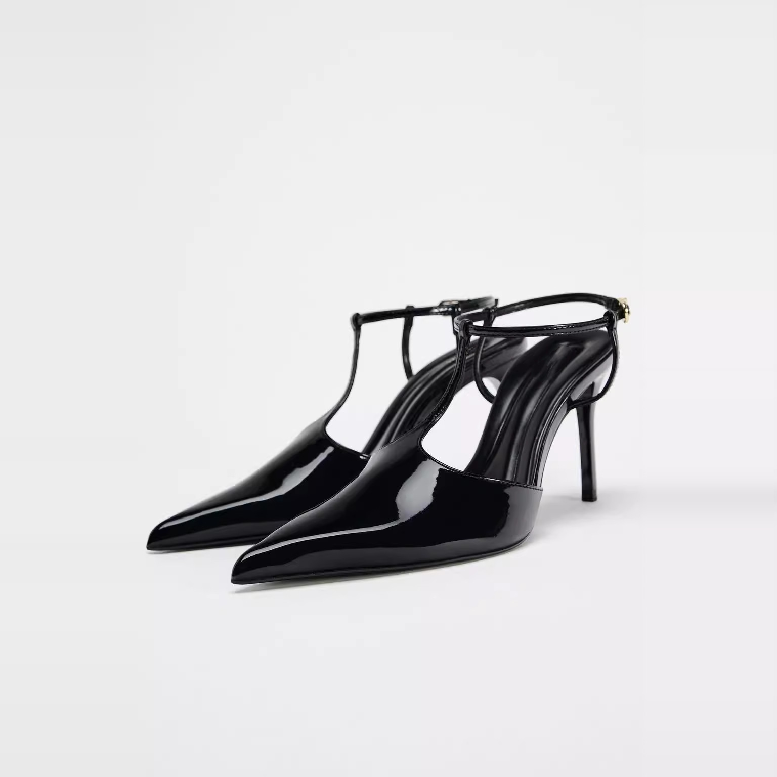 欧美外贸脚腕扣带尖头高跟鞋细跟大码牛皮T型绑带女真皮包头凉鞋