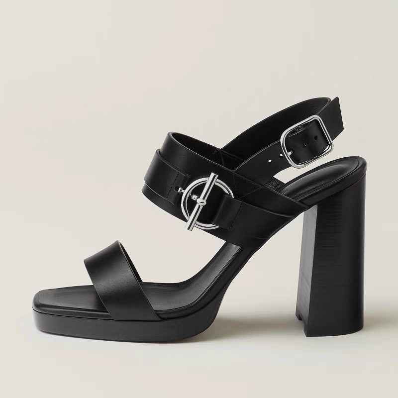 外贸欧美风方头露趾凉鞋时尚一字扣金属扣件防水台后绊带粗高跟鞋