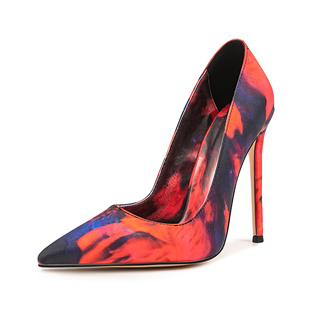 欧美外贸尖头绸缎面细跟花朵红色高跟鞋47大码走秀模特时装单鞋女