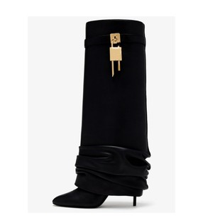 欧美外贸尖头细高跟褶皱堆堆靴金属锁扣裙边裤管靴套筒时装高筒靴