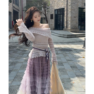 彼得潘大叔《坠入仲夏夜》镂空针织上衣压褶层次感蛋糕裙套装