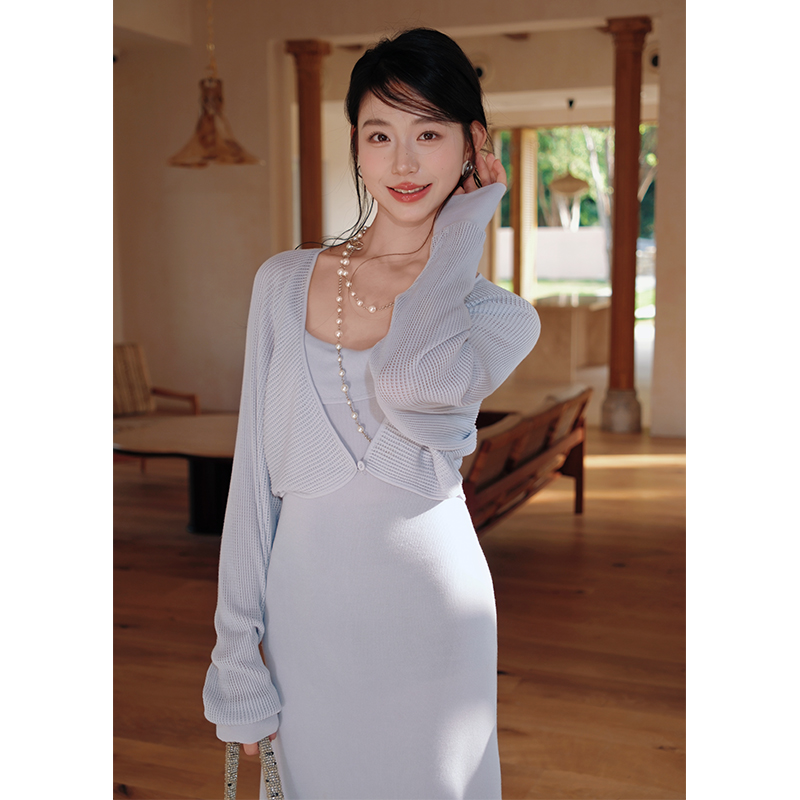 彼得潘大叔《水集涧》法式长袖披肩开衫优雅修身吊带连衣裙