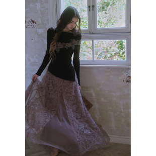 蕾丝料优雅半裙套装 彼得潘大叔 舒适针织衫 蕾丝花边修身 暮语函