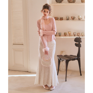 彼得潘大叔《娇美人》时尚方领珍珠装饰上衣弹力腰提花优雅半裙