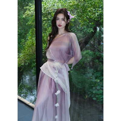 大领口系带上衣弹力腰压褶半身裙