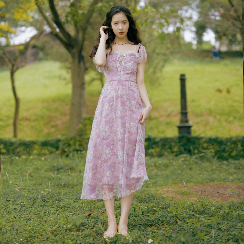 彼得潘大叔《花园里的恋曲》显白紫色碎花显瘦A型连衣裙-长短可选