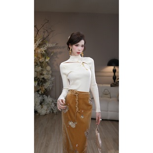 设计感镂空半高领上衣亮片丝绒半裙套装 彼得潘大叔 溪山渔隐