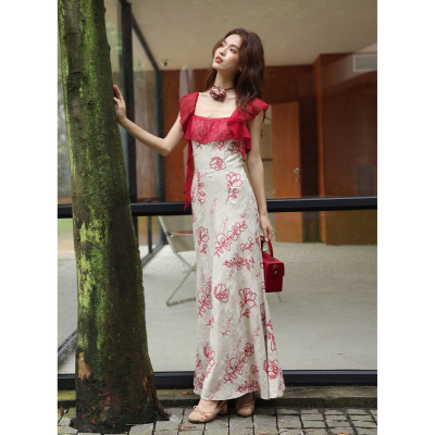 彼得潘大叔《茶花女》重工刺绣图案荷叶边侧拉链后腰系带连衣裙