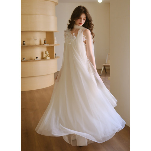 彼得潘大叔《伊甸园蜜语》法式立体花装饰系带珍珠肩带仙气连衣裙