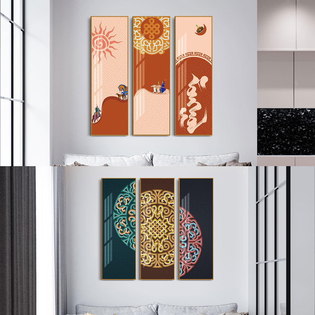 新中式客厅三联挂画民族风现代高级墙壁装饰画晶瓷玻璃挂画精致图片