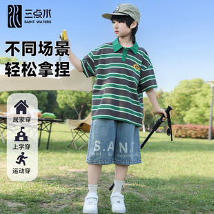短裤 薄款 初中生户外短袖 套装 牛仔五分裤 三点水POLO衫 男童夏季