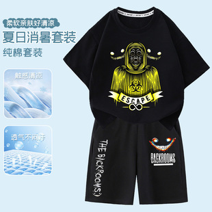 跨境后室backrooms周边儿童短袖t恤学生微笑者笑靥衣服男孩两件套