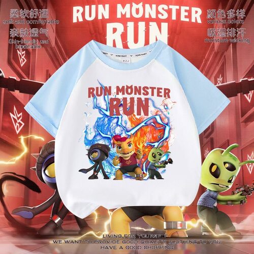 RUN MONSTER怪物快跑插肩T恤男女中大童夏季纯棉透气撞色短袖上衣