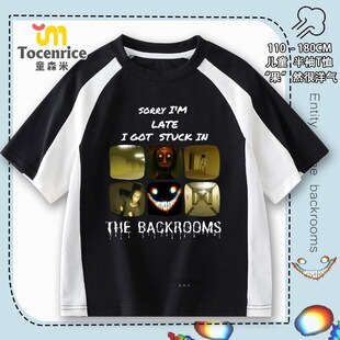 后室backrooms周边短袖T恤衫大童学生微笑者笑靥运动上衣服半袖衫