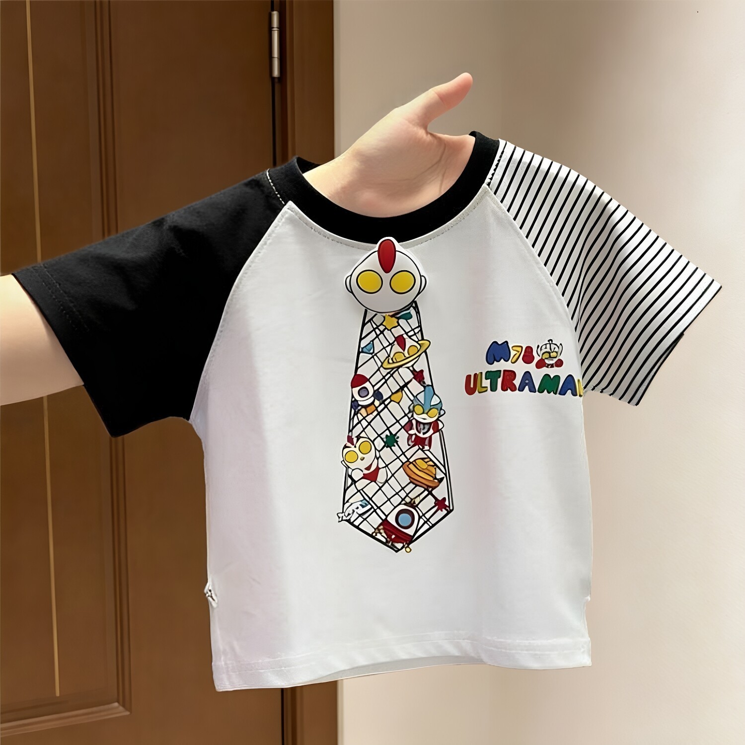 儿童夏季纯棉卡通条纹插肩袖短袖