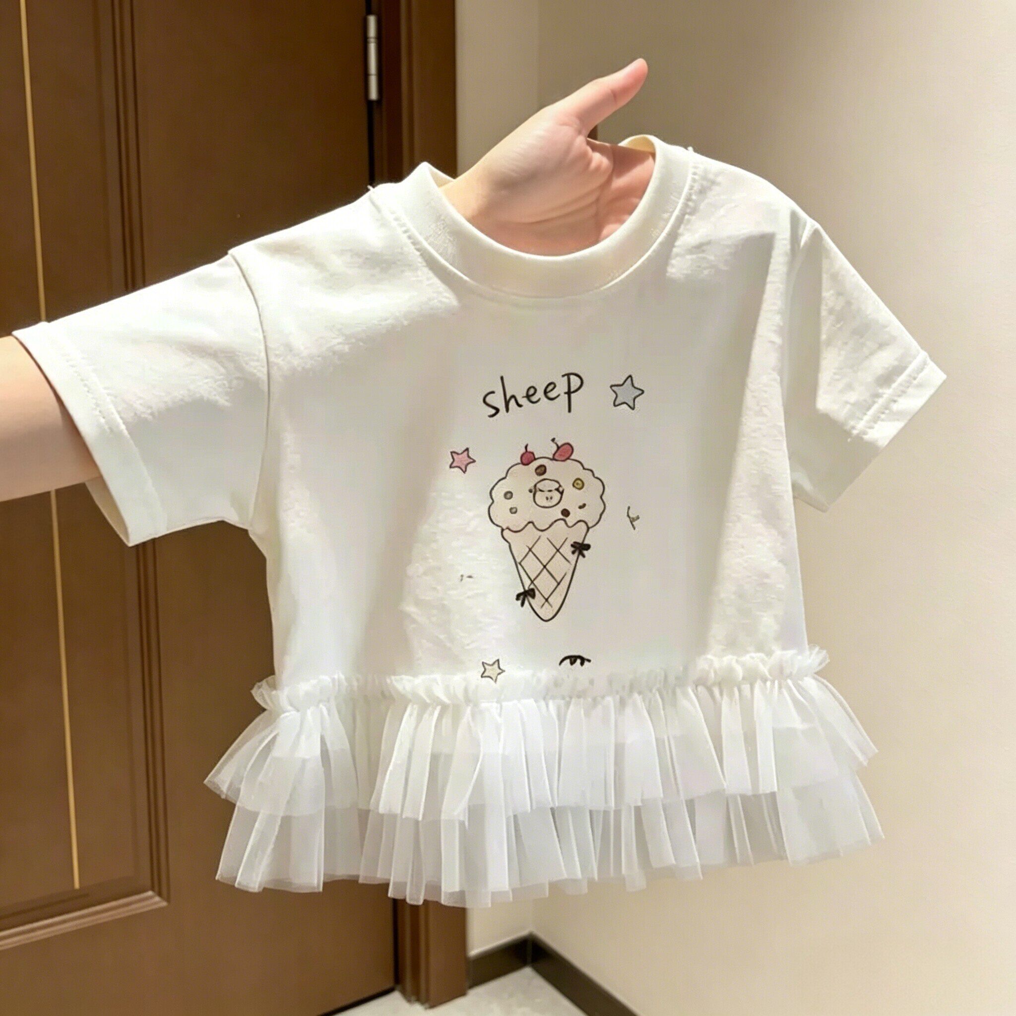 女童夏季可爱冰淇淋印花纯棉短袖