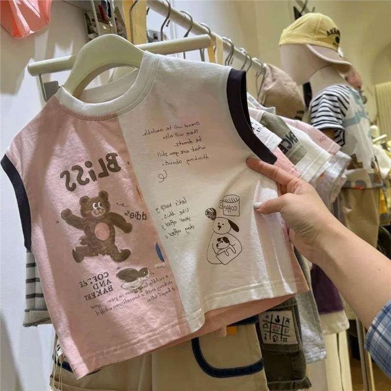儿童夏季韩版卡通拼色洋气薄款背心无袖t恤男女童个性泳圆领上衣