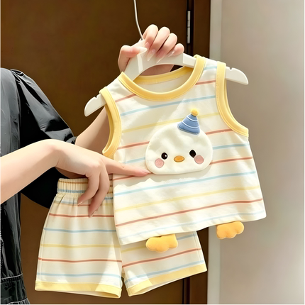 儿童夏季薄款卡通条纹背心短裤套装亲子家男女童洋气可爱两件套潮
