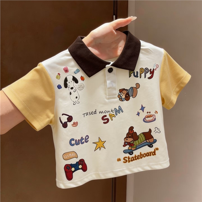 儿童夏季新款卡通可爱拼色POLO短袖男童泳上衣洋气薄款亲夏装T恤