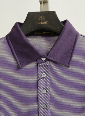 英国制造！金安德森高端商务长袖条纹纯棉秋季T恤POLO紫色高级感