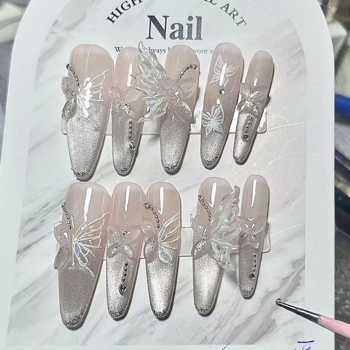 高级冰露晨蝶猫眼蝴蝶气质纯手工美甲穿戴甲中长款爆款指甲贴片