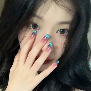 约会战甲~蓝色猫眼法式极光手工显白持久自然爆闪气质可拆卸美甲