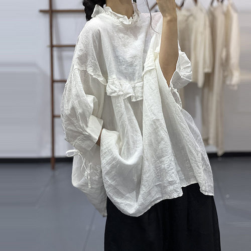 2026春秋大码女装宽松韩版轻奢简约气质网纱中袖棉麻轻薄透款衫