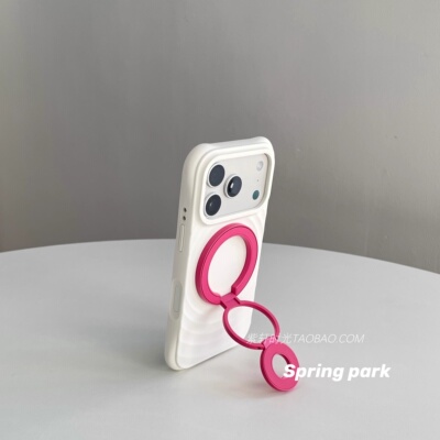 韩系ins风玫红色双面磁吸三折叠支架适用苹果17promax手机壳iPhone17pro波漾液态硅胶16pro白色耐脏15/14防摔