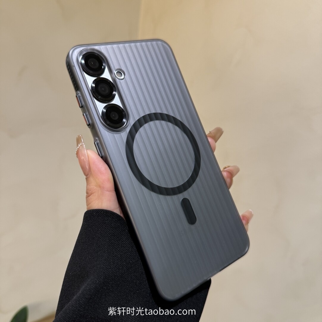 高级磨砂黑瓦楞磁吸适用三星S25+手机壳S24+光栅S23ultra行李箱纹oppoReno14小米15Spro荣耀GTpro透明不发黄