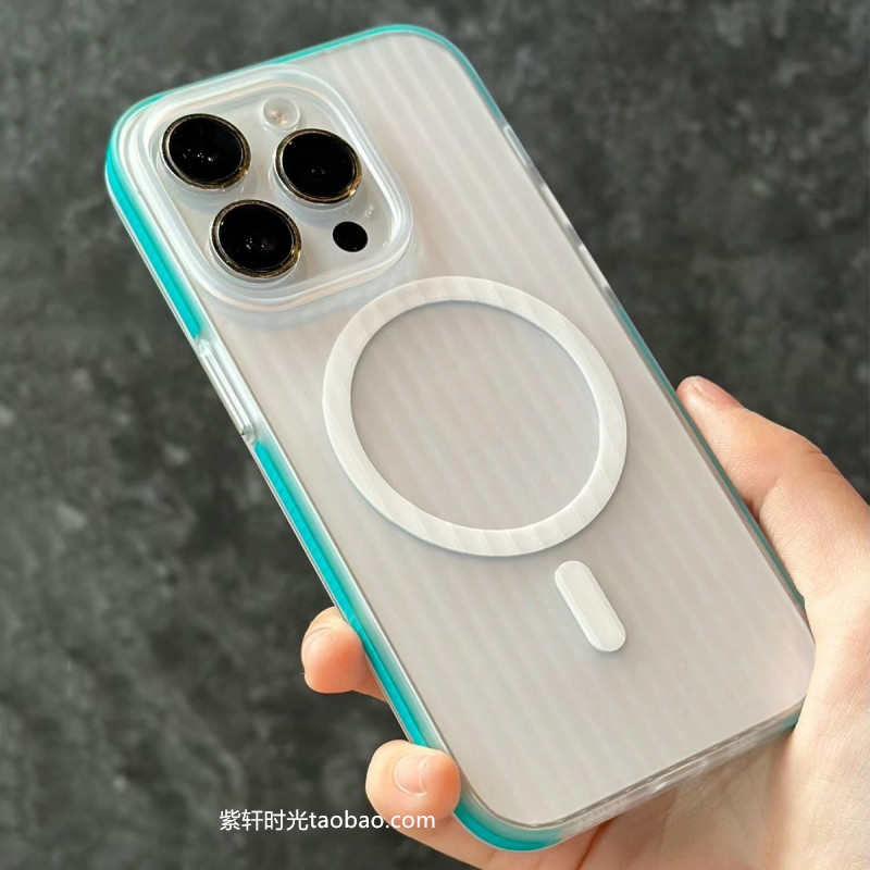 蓝色撞色边框防滑冰雾磨砂硬壳适用小米14磁吸手机壳15半透明13pro白色14Ultra高级感瓦楞行李箱条纹简约全包