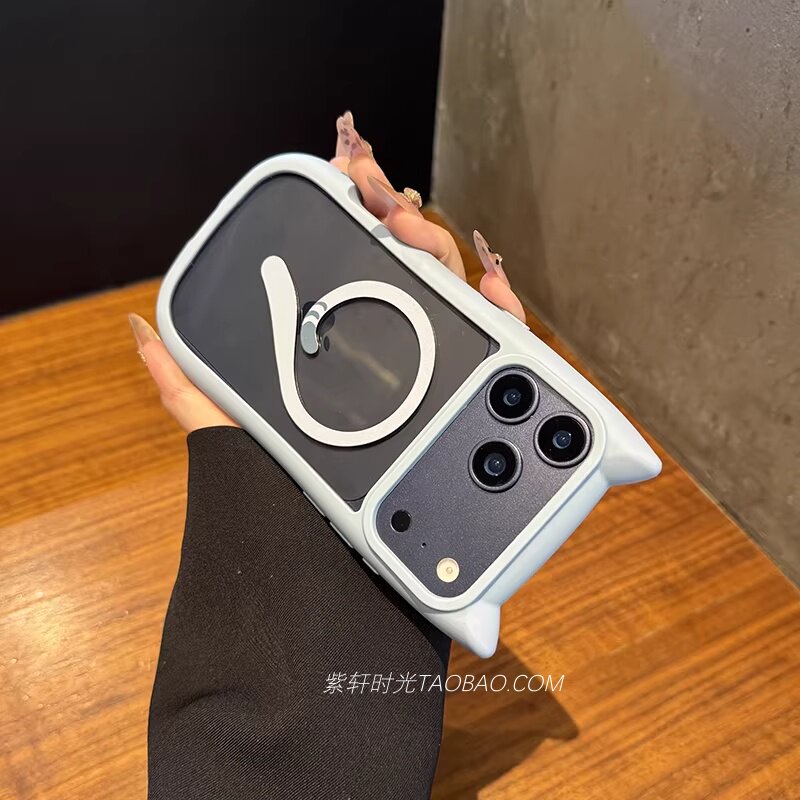 远峰蓝立体猫耳朵磁吸猫尾巴适用苹果17pro手机壳iPhone16promax无线充电15透明14亚克力13全包12防摔硅胶硬