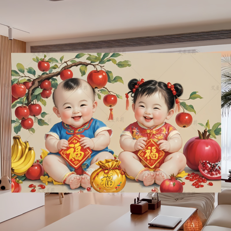 年画娃娃送子图老式墙贴画求子福娃贴纸好宝宝孕喜娃海报结婚婚房
