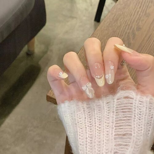 气质珍珠蝴蝶结元气款美甲纯手工穿戴甲甲片成品法式高级温柔甜心