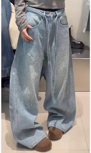 哈比诺女童2025冬季加绒加厚烫钻宽松弯刀裤老爹裤牛仔裤超软单裤