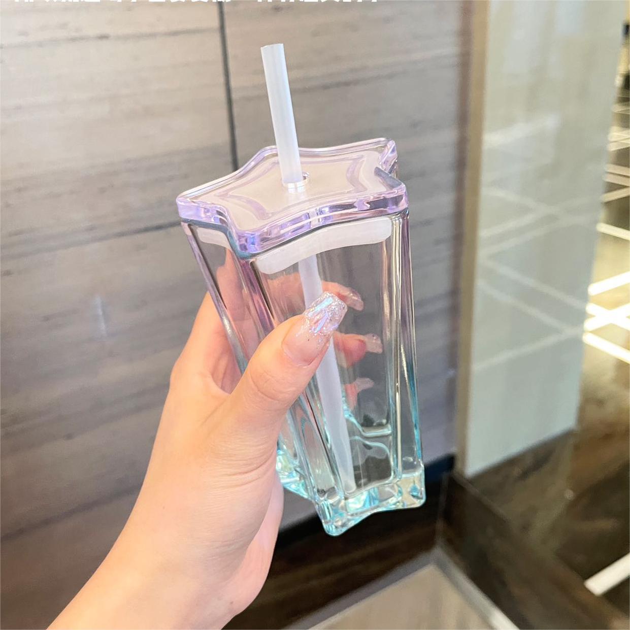 ins仲夏星空玻璃杯渐变水杯吸管女生高颜值杯子耐高温少女心果汁