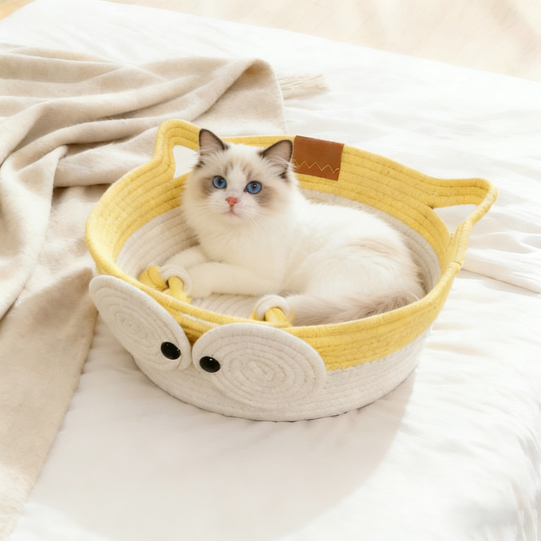 达茶萌宠铺四季棉绳卡通猫窝网红带眼睛猫窝藤编窝耐磨编织猫爪垫