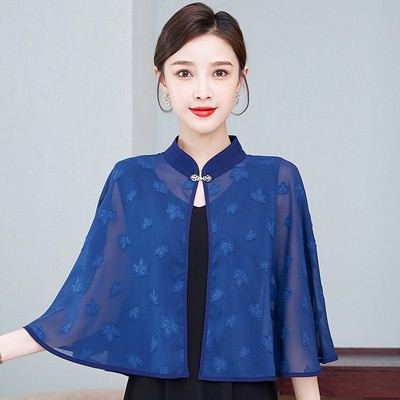 女防晒衫薄款冰丝小衫旗袍外披肩外搭时尚复古斗篷配裙子纯色纱衣