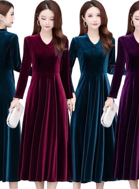 春秋冬女收腰显瘦高档金丝绒连衣裙子妈妈大摆裙长裙打底裙a字裙