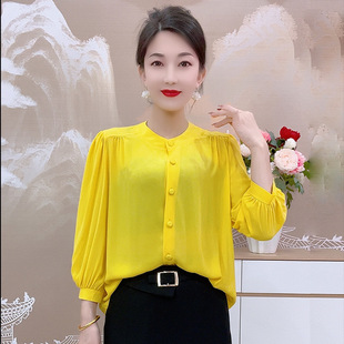 T恤韩版 女士休闲百搭长袖 宽松慵懒上衣 高凌纱雪纺衫 2503春夏薄款
