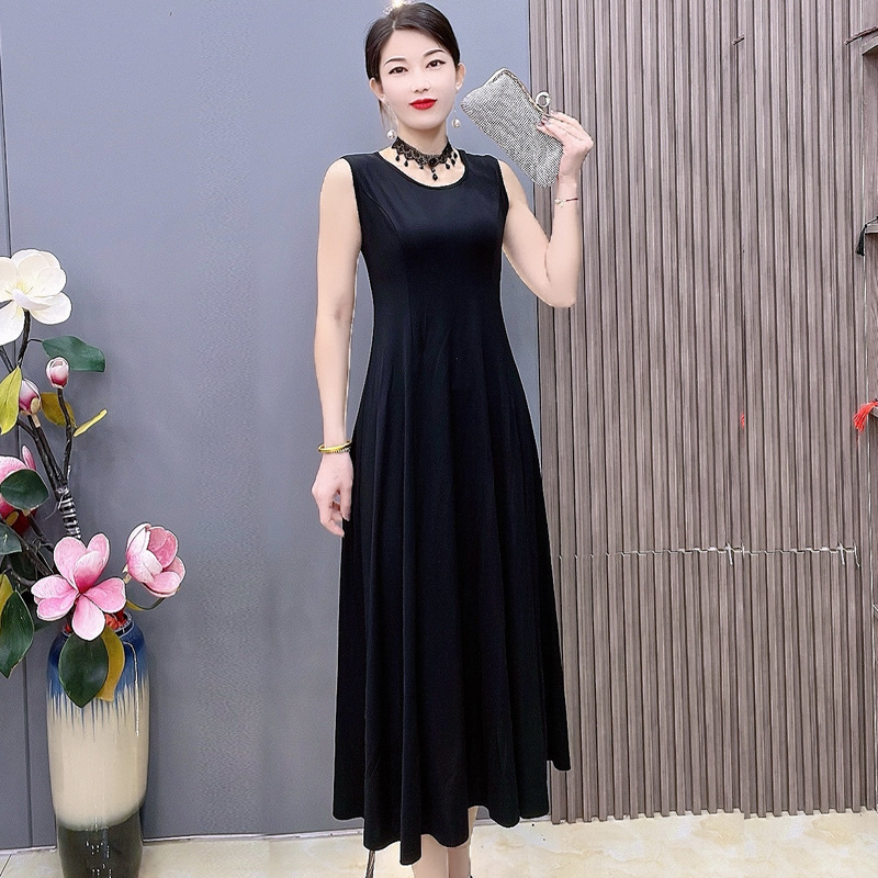 过膝黑色礼服裙夏季百搭长裙