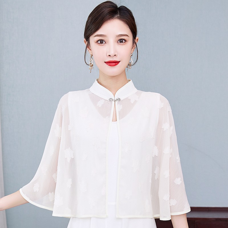 女防晒衫薄款冰丝小衫旗袍外披肩外搭时尚复古斗篷配裙子纯色纱衣