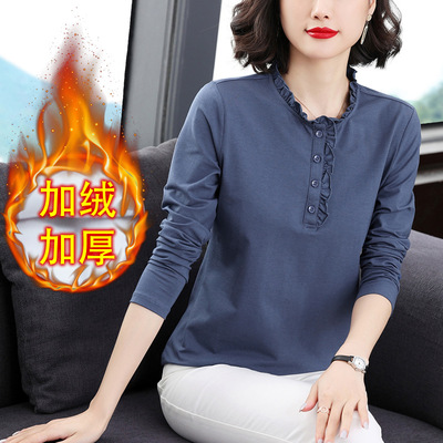 加绒棉质女冬装宽松内搭内衬衣打底衫长袖蓝t恤秋衣上衣衬衫卫衣
