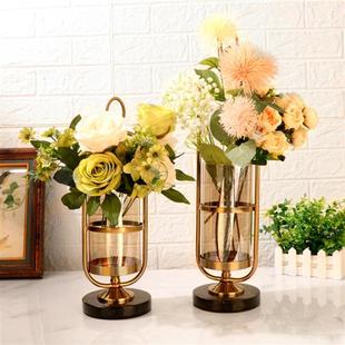 现代美式 花瓶摆件轻奢金属手提样板房客厅餐桌仿真花电镀花瓶摆件