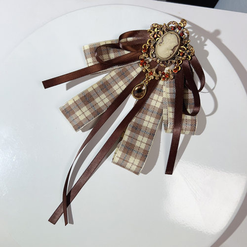 英伦复古咖啡棕色学院风美人头蝴蝶结胸针格纹领结女配饰