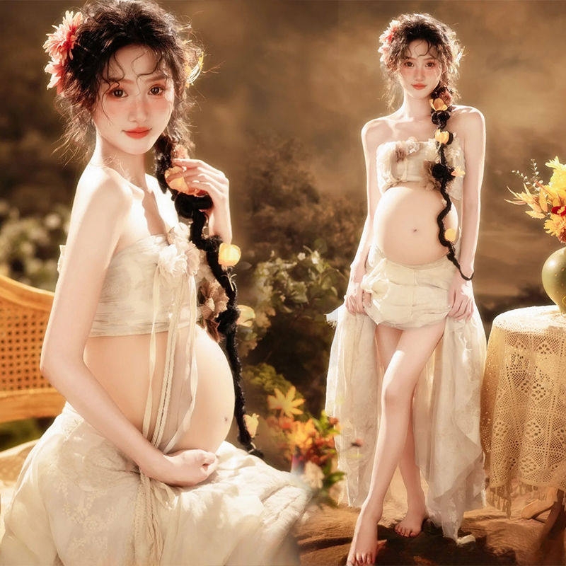 影楼主题孕妇拍照服装新款唯美时尚小清新白色抹胸裙孕妈咪大肚照