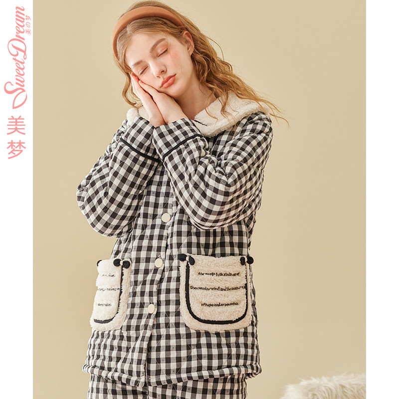 美梦冬季三层加绒加厚夹棉黑白格子可爱少女娃娃领家居服睡衣套装