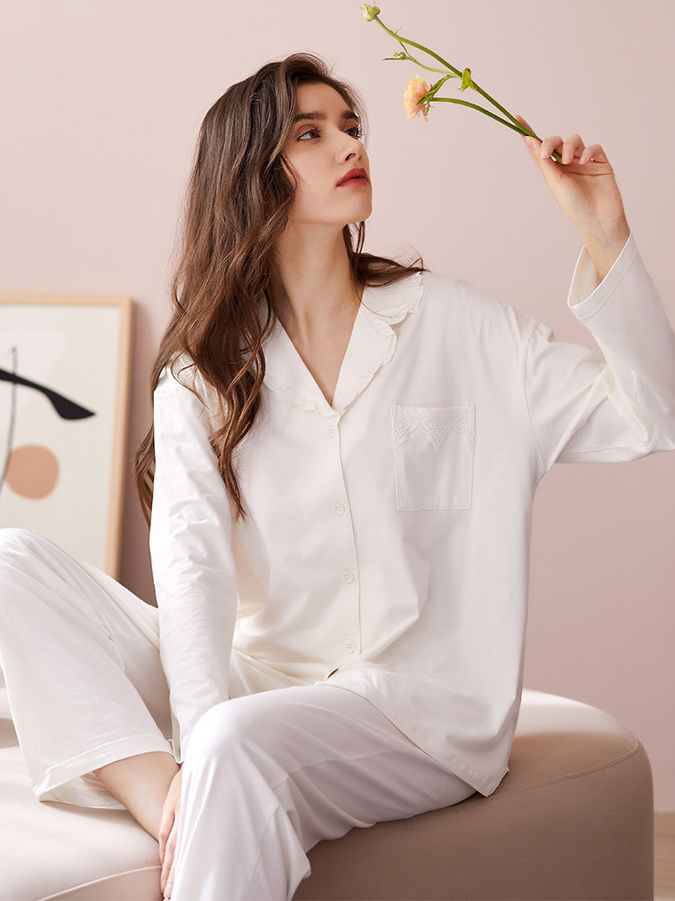 美梦2021春秋季莫代尔棉女睡衣长袖白色可外穿夏天休闲家居服套装