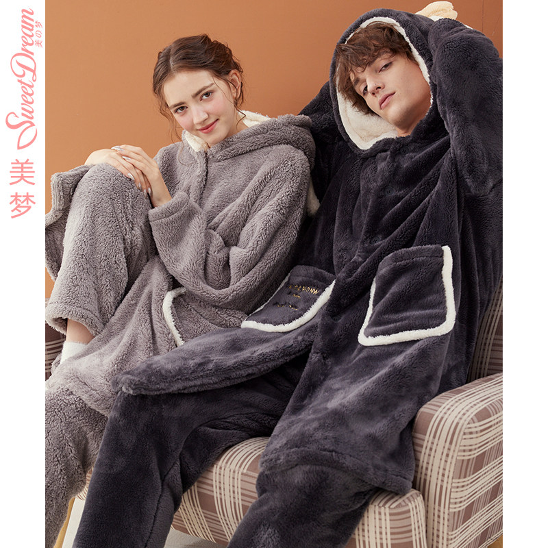 美梦冬天珊瑚绒情侣睡袍睡裤秋冬款加绒连帽可爱女睡衣法兰绒男款