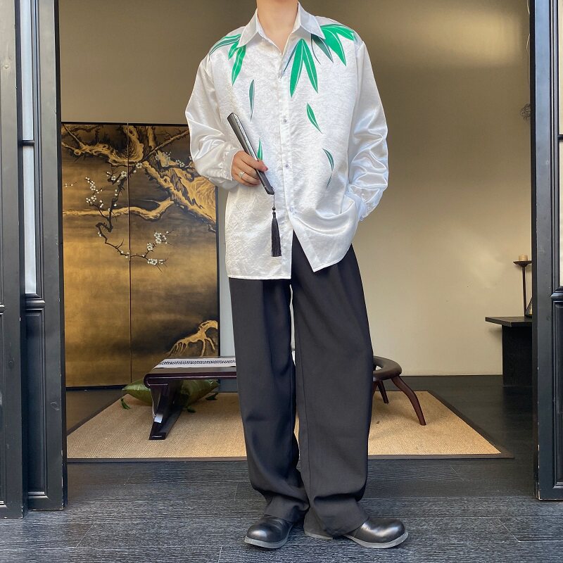 秋季新中式锦缎竹叶印花翻领长袖男女衬衣复古风禅意衬衫188P80,男装衬衫,星座901-1（原C217）
